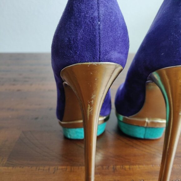 Brian Atwood Blue Suede Colorblock Fontanne Platform Pumps 7.5 Gold aqua green - Picture 5 of 11